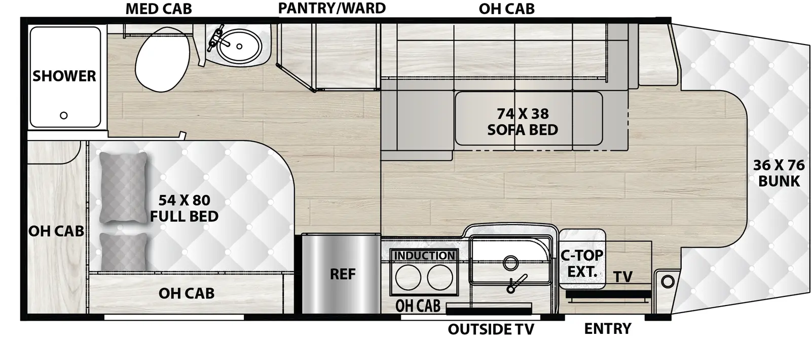 The 24FL has zero slideouts and one entry. Exterior features an outside TV. Interior layout front to back: bunk over cab, off-door side sofa bed with overhead cabinet, and pantry/wardrobe; door side entry with TV above, kitchen counter with sink, countertop extension, overhead cabinet, induction cooktop, and refrigerator; rear off-door side bathroom sink and room with toilet, shower and medicine cabinet; rear door side full bed with overhead cabinets.